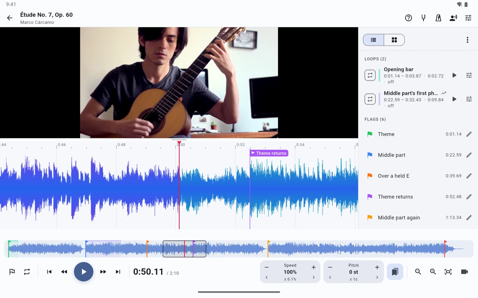 Riffscope playing a lesson video of classical guitar, with loops and flags listed beside the waveform