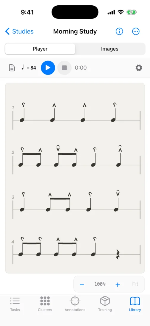 Percussiva Studio’s player on an iPhone, showing four bars of a score